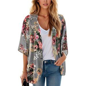 Women's Floral Print Puff Sleeve Kimono Cardigan Loose Cover Up Casual Blouse
